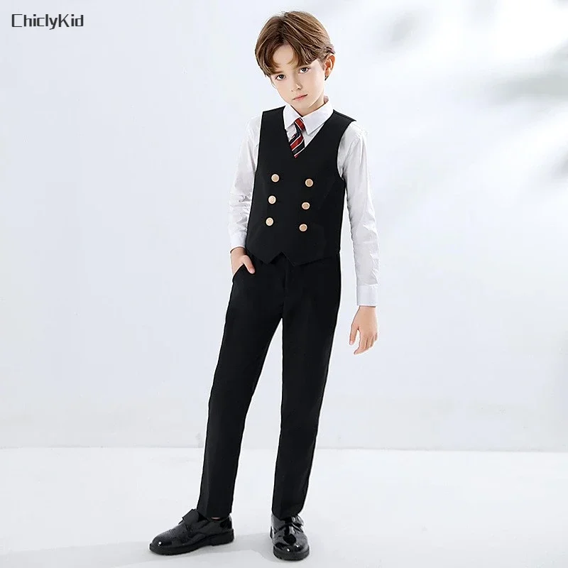 Boys Double Breasted Vest Shirt Tie Pants Kids Waistcoat Wedding Clothes Sets Toddler Formal Dress Children Gentlemen Outfits