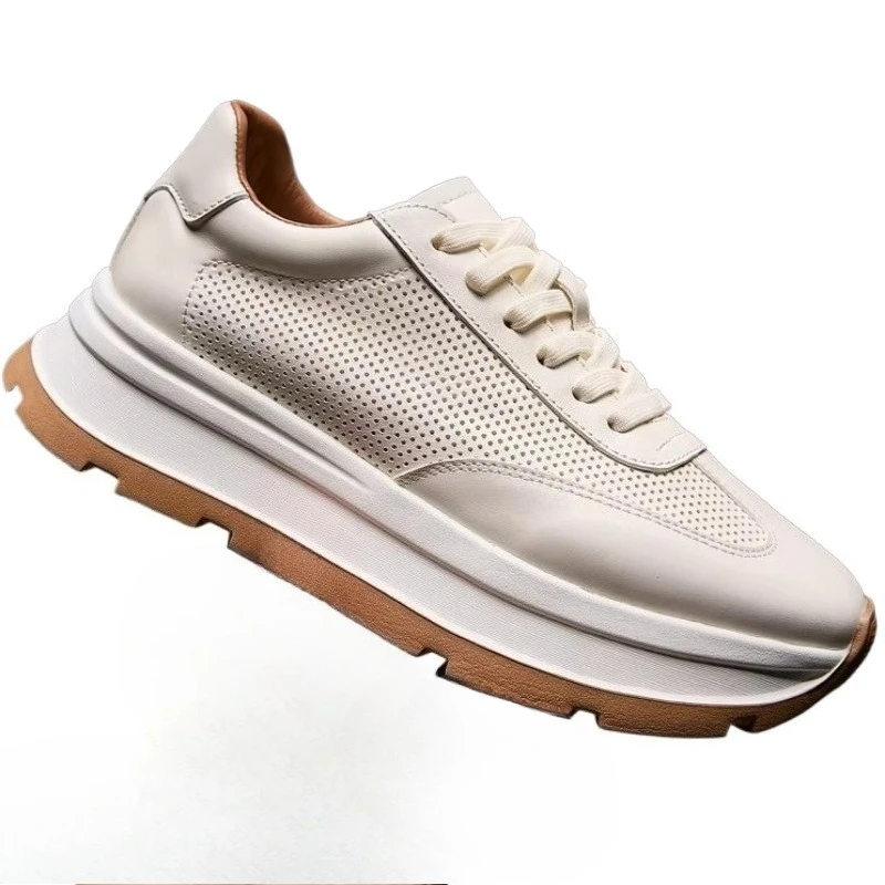White Horsehide Daddy Shoes for Men's Fashion Height Increasing Shoes Soft Breathable Horse Leather Hand-sewn Casual Sports Shoe