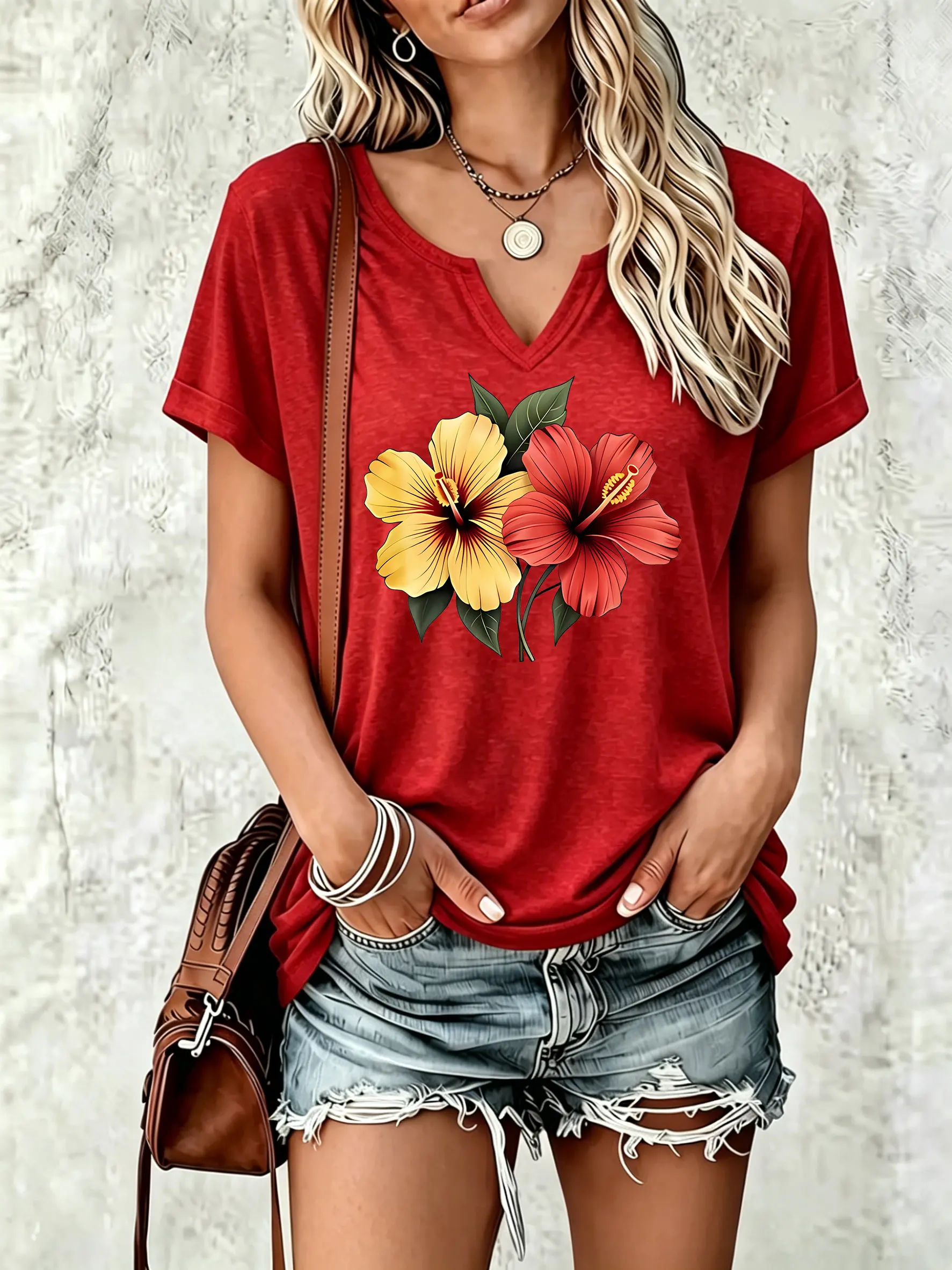 Women's V‑Neck Short Sleeve T‑Shirt, Vibrant Hibiscus Flower Print with Fresh Green Leaf Elements Casual Summer Tee