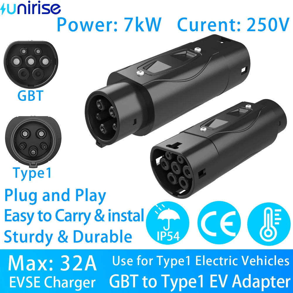 Unirise GBT to Type1 Ev Adapter Connectors 7KW For GB/T AC charger Compatible with Electric Car Type1 Charging Adapter J1772