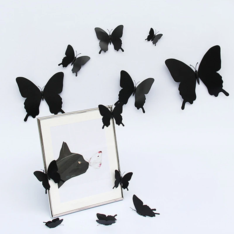 12Pcs/Set 3D Black Pteris Butterfly Wall Sticker Living Room Home Butterflies Decorations Magnet Stickers Wedding Decor Decals