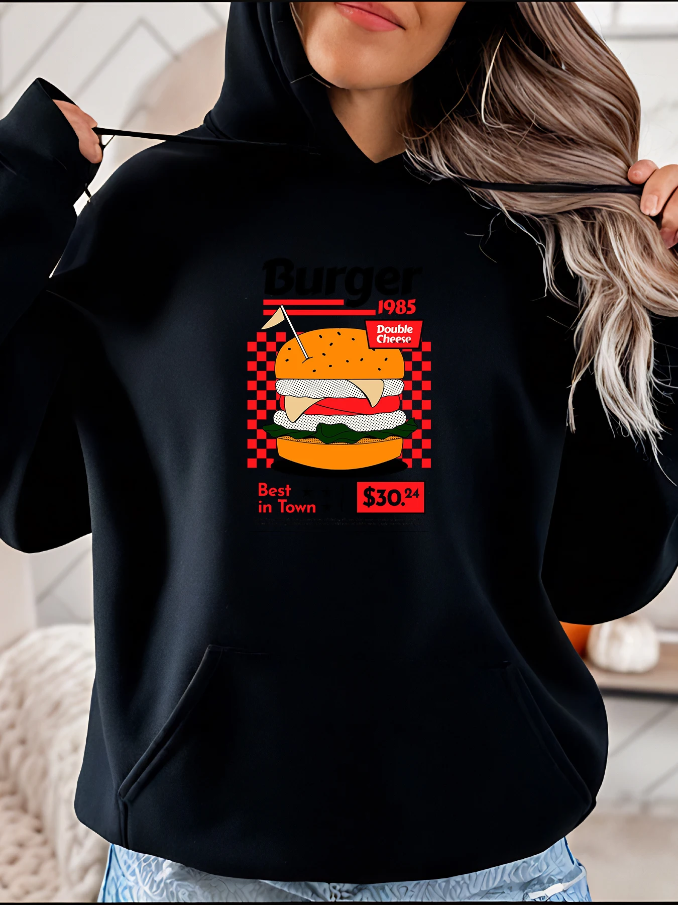 バーガー 1985 ダブルチーズ パーカー ヴィンテージ ファーストフード グラフィック スウェットシャツ カジュアル ストリートウェア レディース ファッション 280