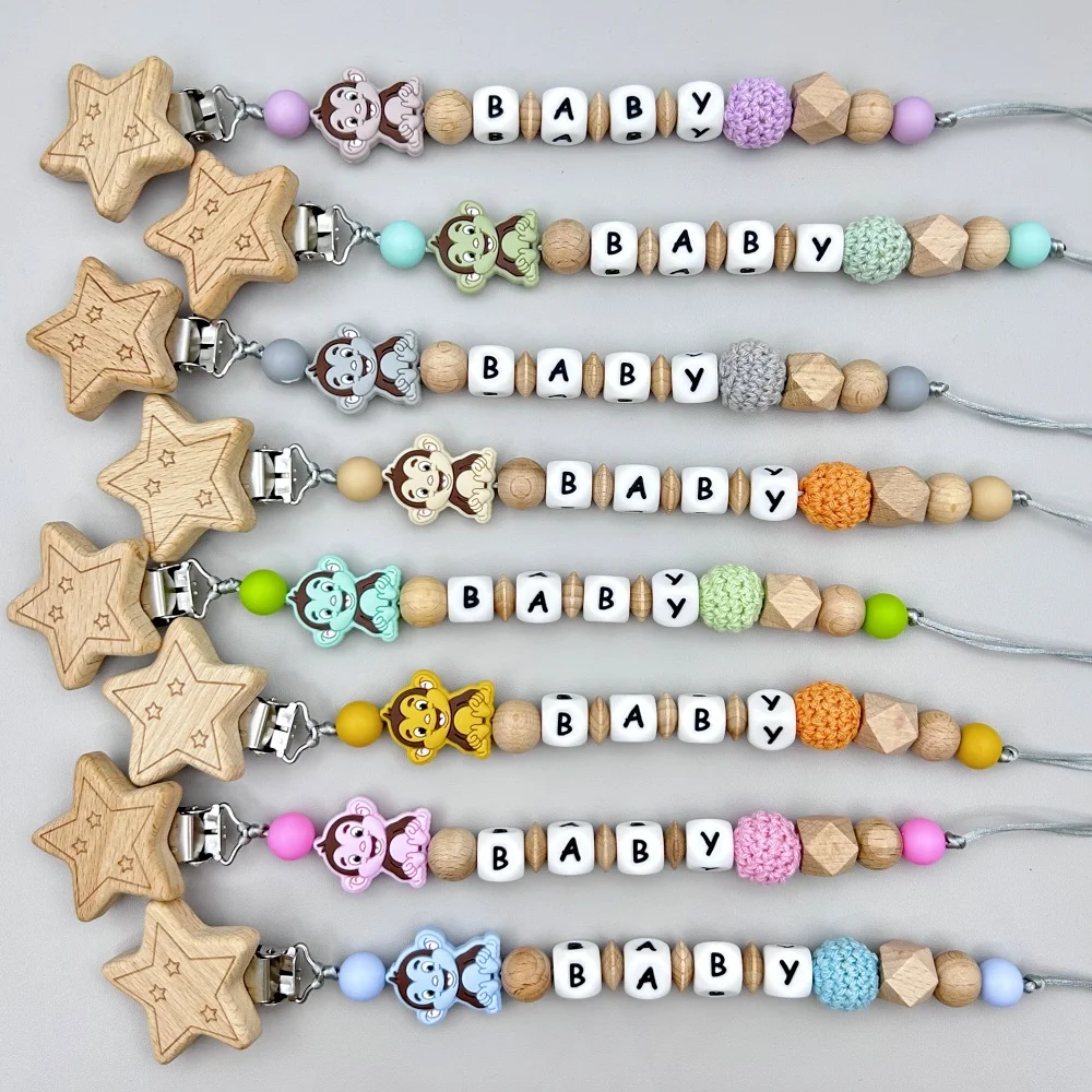 Personalized English Wooden Letters Name Baby Silicone MonkeyPendant Pacifier Clips Chains Holder Teether Baby Kawaii Toy Gifts