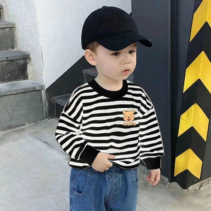 

2023 New Kids Clothes Boys Spring Autumn Long Sleeve Crew Neck Kawaii Fashion Casual All-match Striped Comfortable Tops