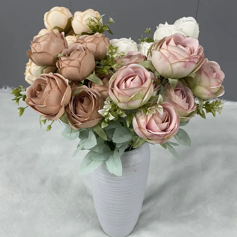 Artificial Flowers Silk Dew Rose Bouquet Fake Flower Home Living Room Decoration Simulation White Champagne Roses Bouquets