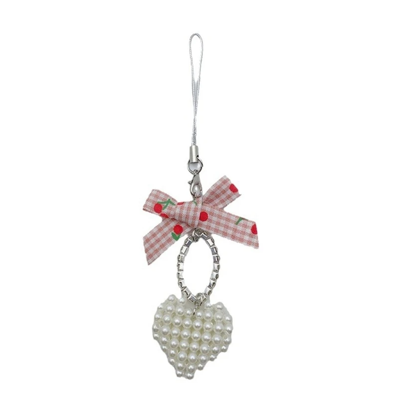 652F Fashionable Pearls Heart Keychain with Bows Tie Detail Stylish Female Bag Charm Pendant Fashionable Accessories