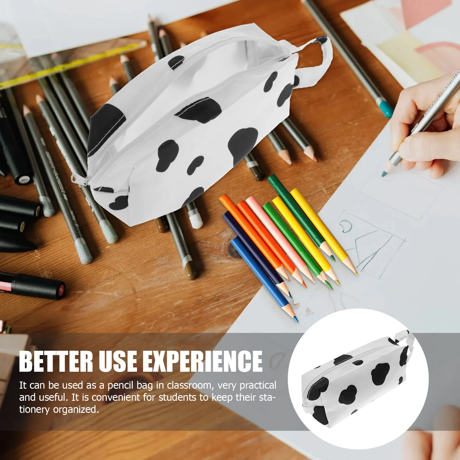Functional Large Cow Pencil Case Nylon Zipper Pen Pouch for Girls Boys Kids Writers Portable School Office Stationery Holder