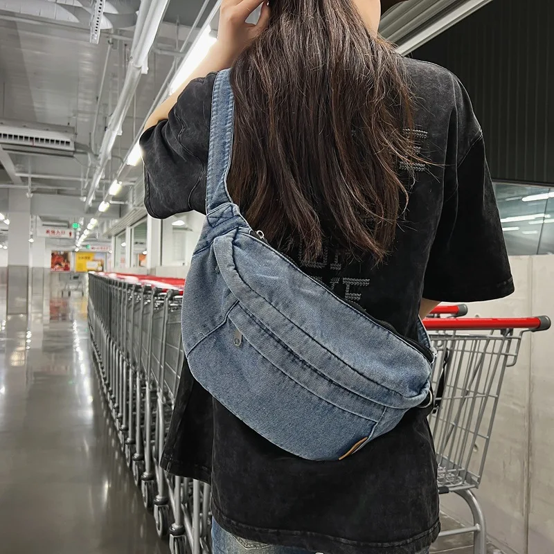 

Denim Literary Harajuku Style Neutral Daily Chest Bag 2024 Korean Leisure Style One Shoulder Crossbody Bag