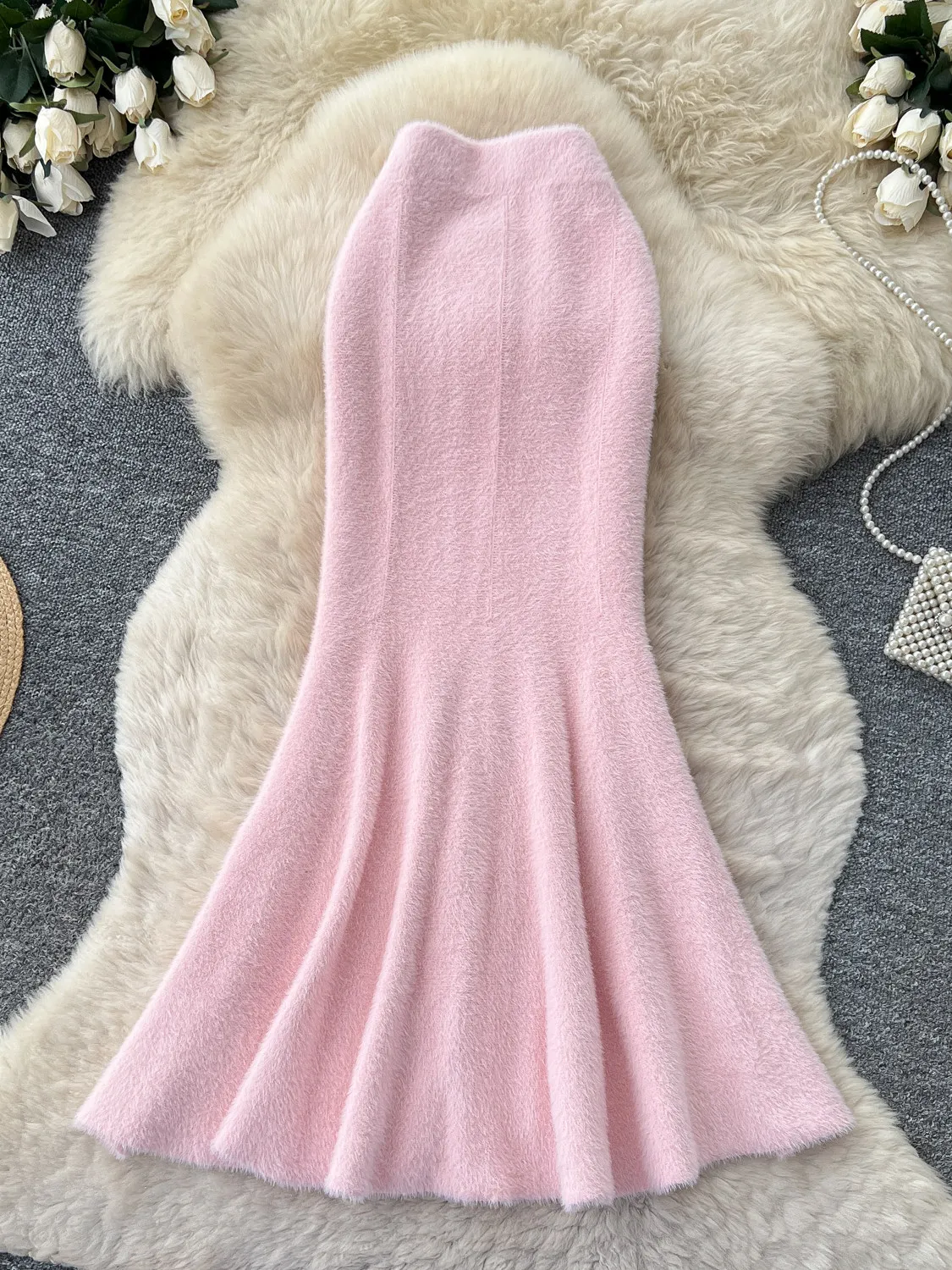 Women Pink Fluffy Long Skirt Vintage Y2K Gyaru Fashion French Style High Waist Bodycon Mermaid Slim Midi Skirt for Women Autumn