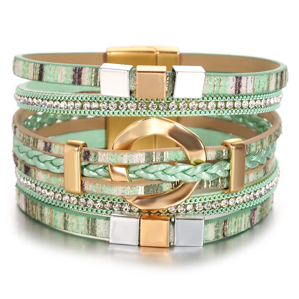 Boho-Armband aus geflochtenem Leder für Damen und Herren, Vintage-Stil, eingelegte Strasssteine, bunt, mehrschichtig, breite Armbänder, ethnischer Schmuck