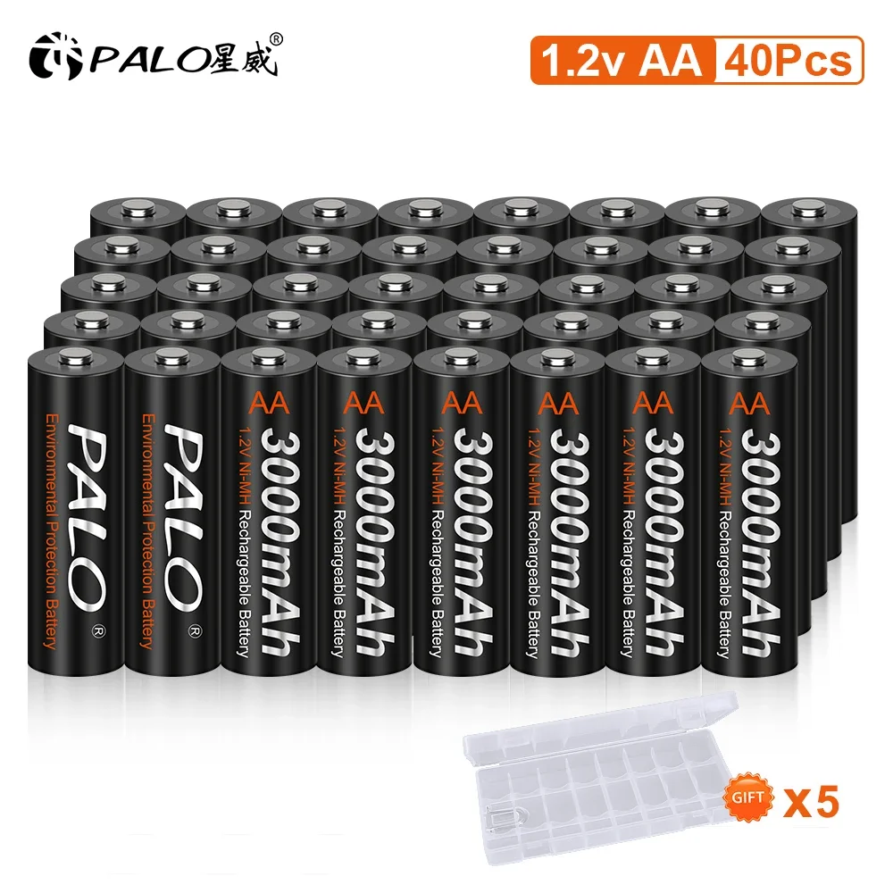 PALO 40pcs AA Rechargeable Battery  NiMH 1.2V Ni-MH  2A Battery low self discharge AA Batteries For toys camera wireless