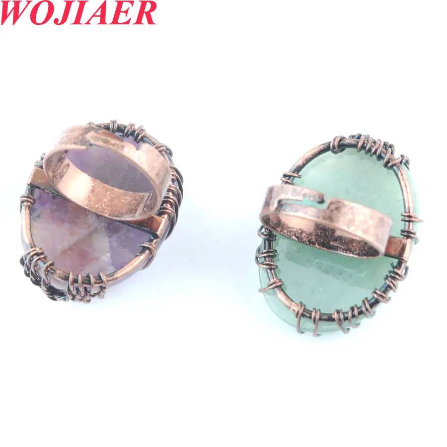 Copper Wire Wrapped Stone Beads Rings Healing Crystal Quartz Amethysts Egg Shape Homme Finger Ring Party Wedding Jewelry BO913