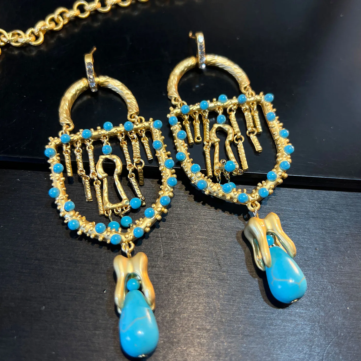 Exquisite Fashionable Blue Turquoise Fringed Earrings Necklace Women Jewelry Baroque Style Brand Show Banquet Accessories