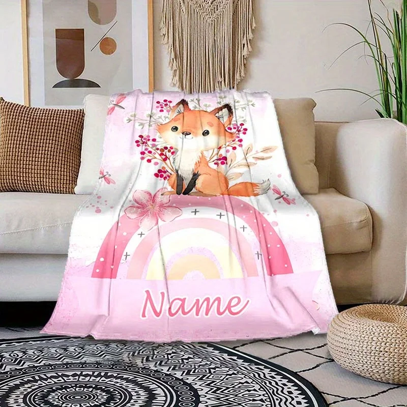 Personalized fox and rainbow flannel blanket, customizable with four seasons digital printing soft polyester knit, animal theme