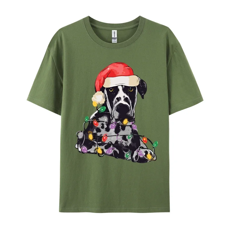 T-shirt à col rond en pur coton pour hommes, t-shirts basiques drôles, Great Dane Santa Christmas Tree Light, taille