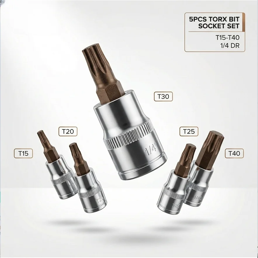 Conjunto de 5 Peças de Soquetes Torx de 1/4 de Polegada T15 T20 T25 T30 T40 em Aço S2, Pontas de Chave de Fenda Estrela de Alto Torque para Chave Catraca