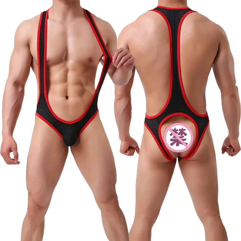 

Man Slim Sexy Bodysuit Tank Tops Jockstrap Mesh Breathable Jumpsuits Chest Open Corset for Fitness Workout Leotard Underwear