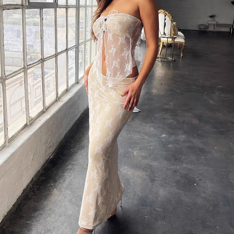 

Сексуальный кружевной укороченный топ и длинная юбка, комплект из двух предметов, Новое поступление, праздничный белый и черный наряд для девочек, полиэфирная ткань