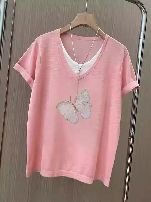 プラスサイズ V ネック半袖 T シャツカジュアル夏の新しいスタイルカバーベリートップ韓国版ルーズフィット吸湿発散性