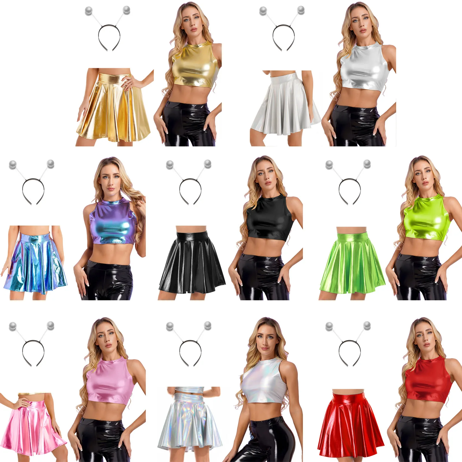 Womens Alien Role Play Costume Outfit Shiny Metallic Mock Neck Crop Top with High Waist Flare Skirt And Hair Hoop Headband