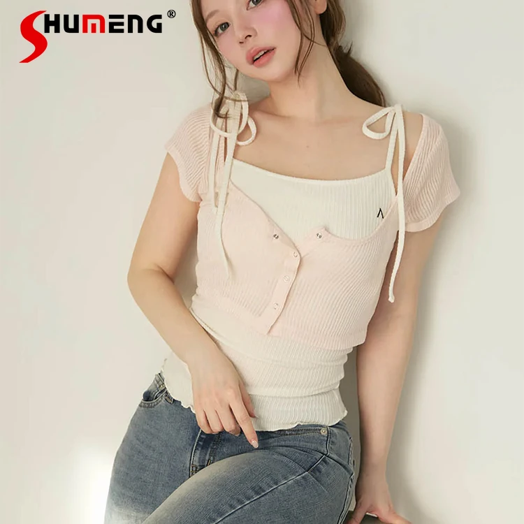

2025 Summer Japanese Style Sweet T-Shirt Girls Slim Fit Casual Tank Top 2-Piece Set Women's Clothing Student Daily Casual Tees