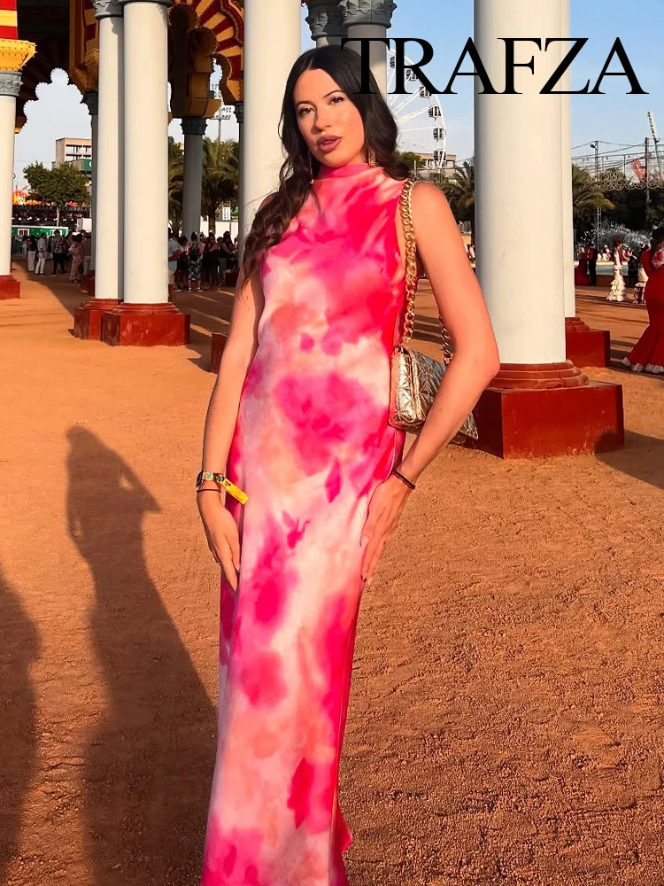 HH Mulheres Verão Em Torno Do Pescoço Moda Tie-Dye Seda Cetim Textura Midi Vestido Feminino Elegante High Street Casual Vestido Sem Mangas