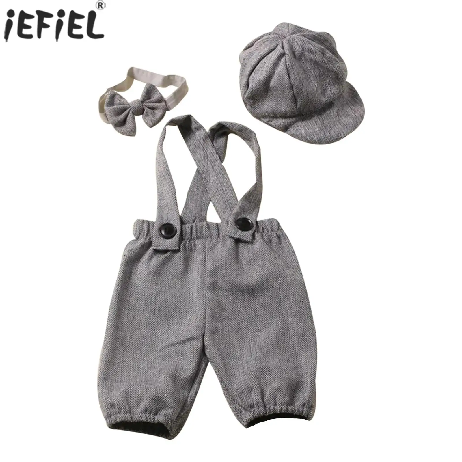 

Newborn Baby Boy Photography Outfit Infant Little Gentlman Suit Photo Shooting Suspender Overall with Casquette And Bow Tie Set