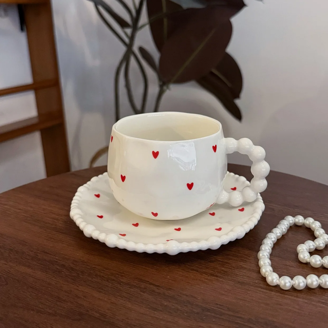 French Ins Style Handmade Irregular Ceramic Cup & Saucer, Beaded Handle Heart Shaped Afternoon Tea Coffee Mug Set