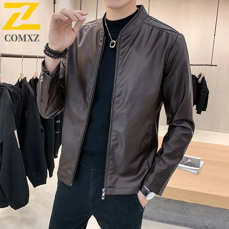 

COMXZ 2025 Autumn Winter Men Leather Jacket High Quality Stand Collar Fashion Versatile Windproof Casual outdoor sports Coat