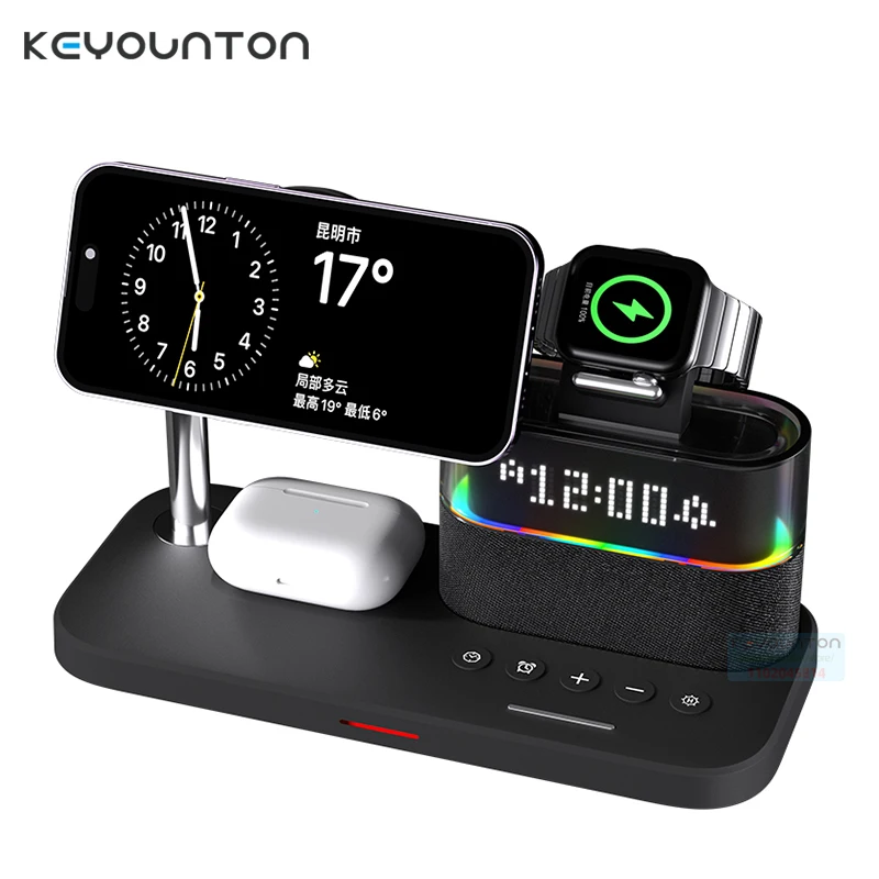 

With RGB Ligjt Magnetic Wireless Charger Stand Alarm Clock For IPhone 15 14 13 12 Airpods Pro Samsung Fast Charging Dock Station