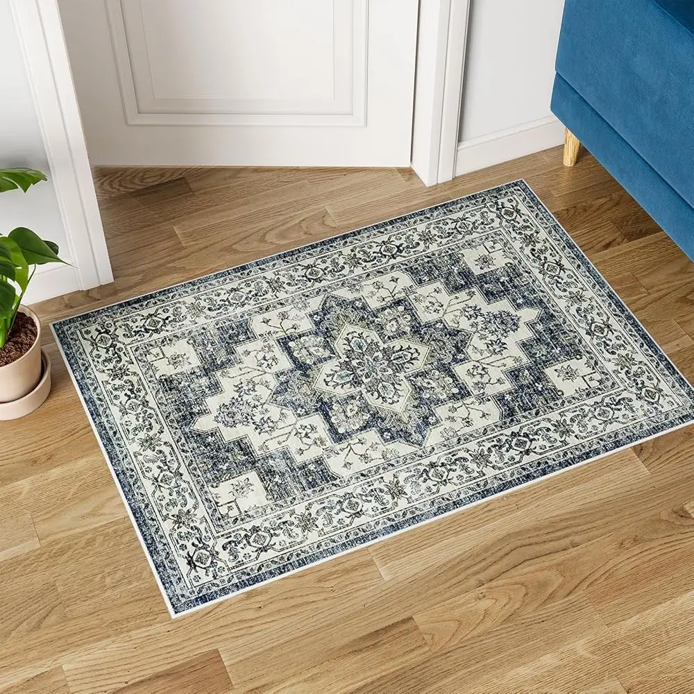 

Vintage Collection Washable Area Rug - 2X3 Door Mat Small Entryway Rug Distressed Non-Slip Low-Pile Floor Carpet For Indoor