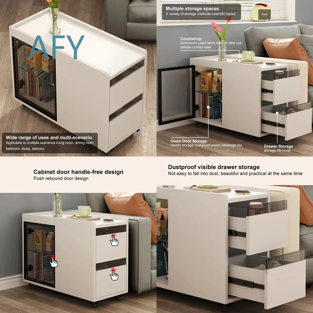 Modern Light Luxury Side Table for Sofa Bedside Storage Cabinet with 2 Drawers Glass Door for Living Room Bedroom Home Office