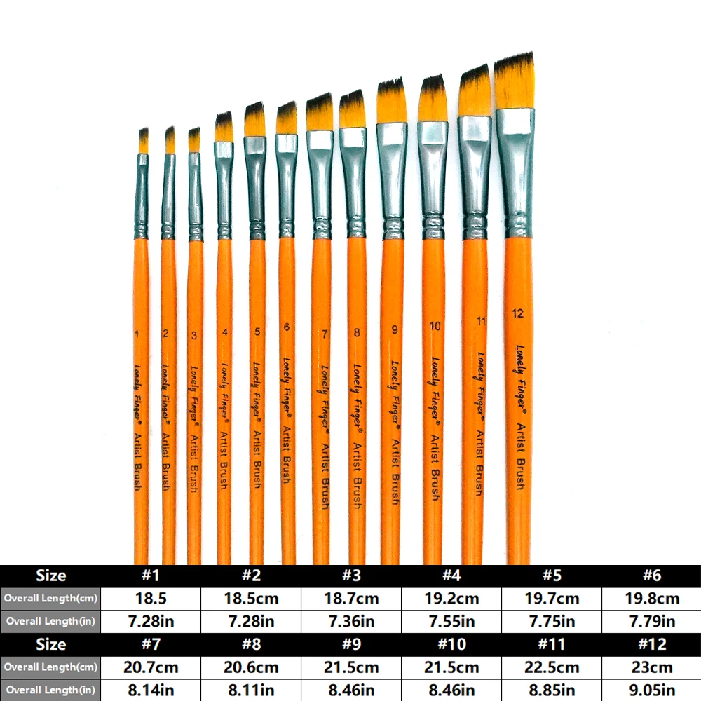 12pcs Angle Tip Nylon Hair Artist Paintbrushes for Acrylic Watercolor Oil Ink Canvas Painting, Face Body Nail Art, Model, Rock