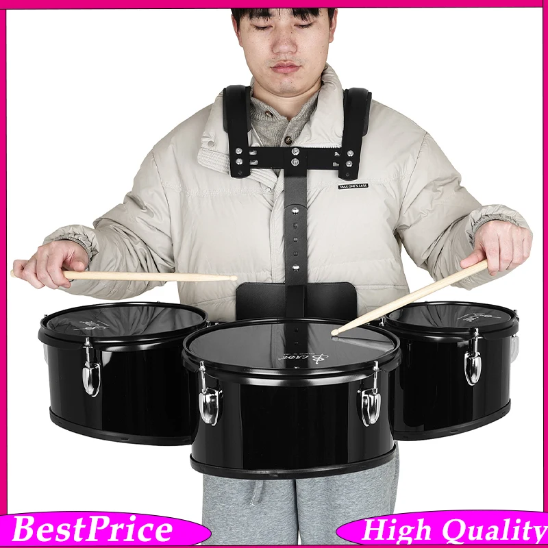 3-Piece Marching Drum Set Triple Toms With Adjustable Backpack Frame Reinforced Hoops For Performance Percussion Instrument