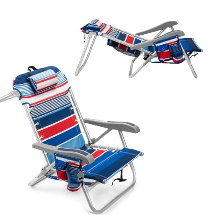 

Beach chair with cooler and folding backpack design for outdoor use, polyester fabric, navy blue, 5-position recline, towel bar