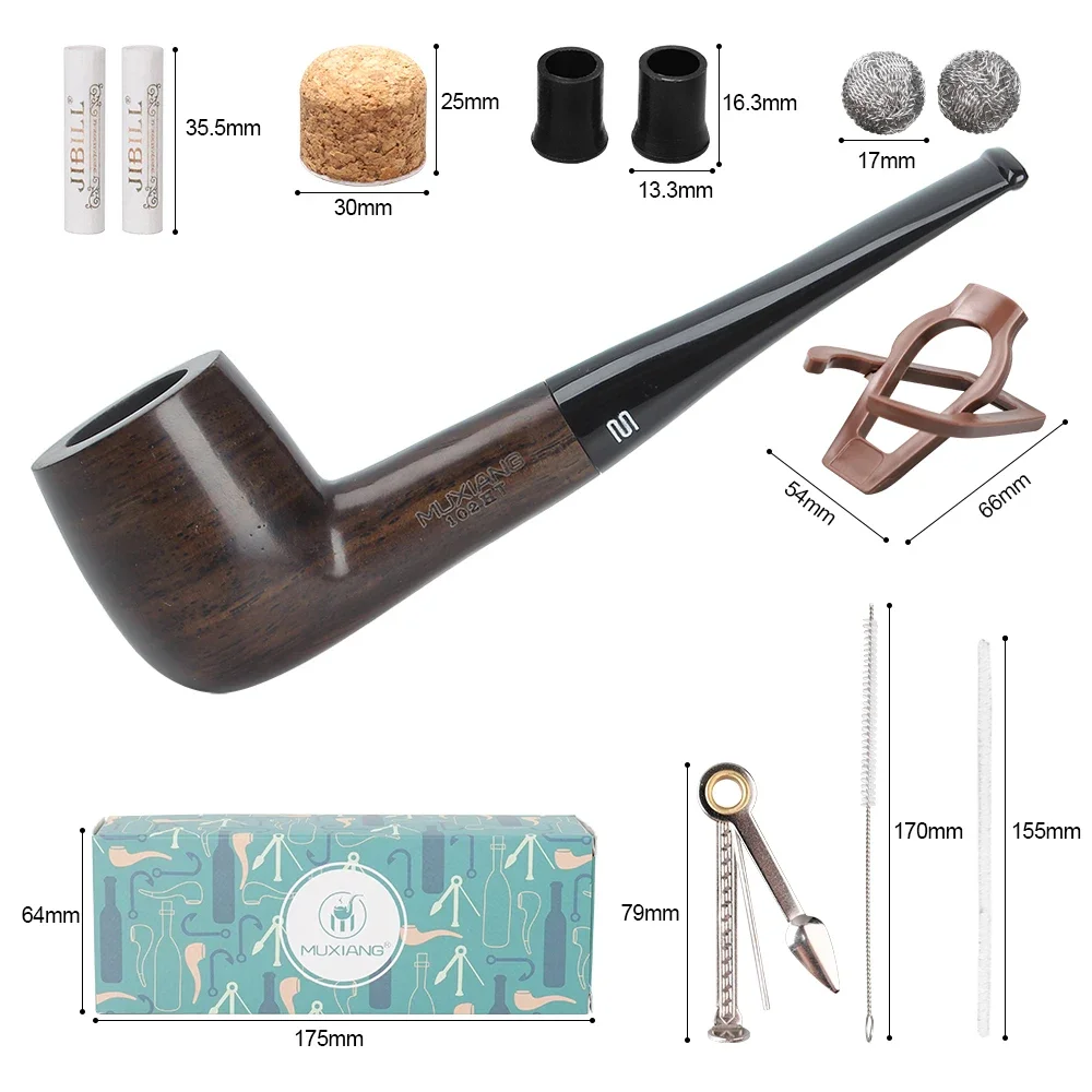 JIBILL solid wood tobacco pipe set, straight handle pipe with clean set, sandalwood pipe length 146mm,  classic billiard pipe