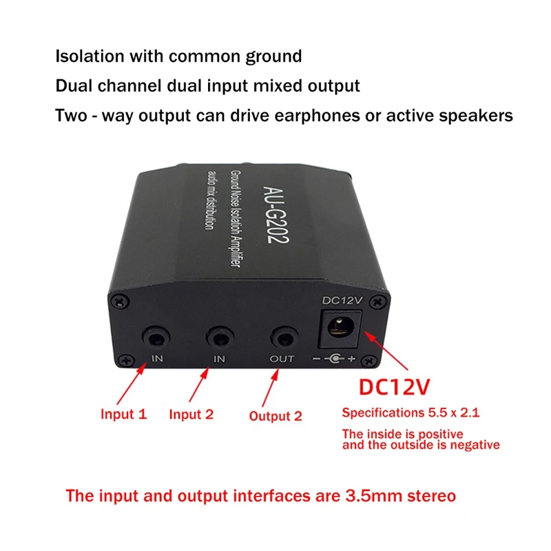 AUG202 DC5-18V Ground Noise Isolation Amplifier Dual Channel 2 In 2 Out Audio Mixer Black US Plug