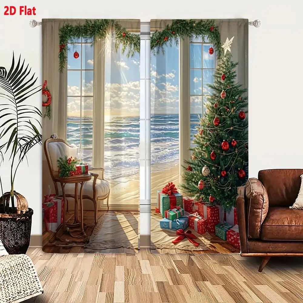 2Pcs Curtains 2D Flat Cozy Christmas Indoor Scene With Sunny Beach View And Decorated Tree Window Drapes for Bedroom Room Decor