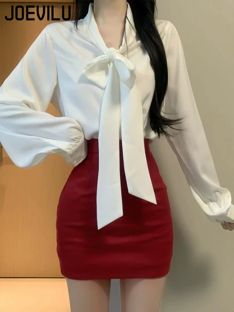 

Bow White Blouse Set Women Pure Desire Wind Temperament Satin Top Summer Sexy Slim High Waist Slim Business Red Half-body Skirt