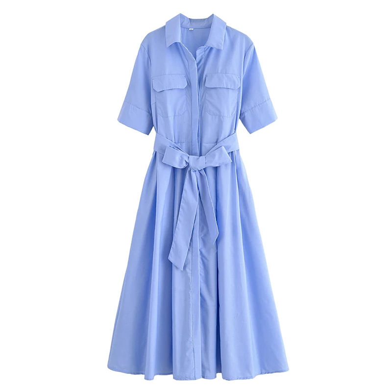 YENKYE Herbst 2025, Frauen Solide Mit Gürtel Langes Hemd Kleid Vintage Revers Kragen Kurzarm A-linie Casual Kleider Maxi Vestidos