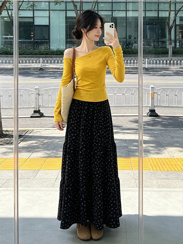 Korean Style Floral Print Asymmetrical Shoulder T-Shirt And Skirt Set Women's Fashion Autumn Collection Yellow Color Block