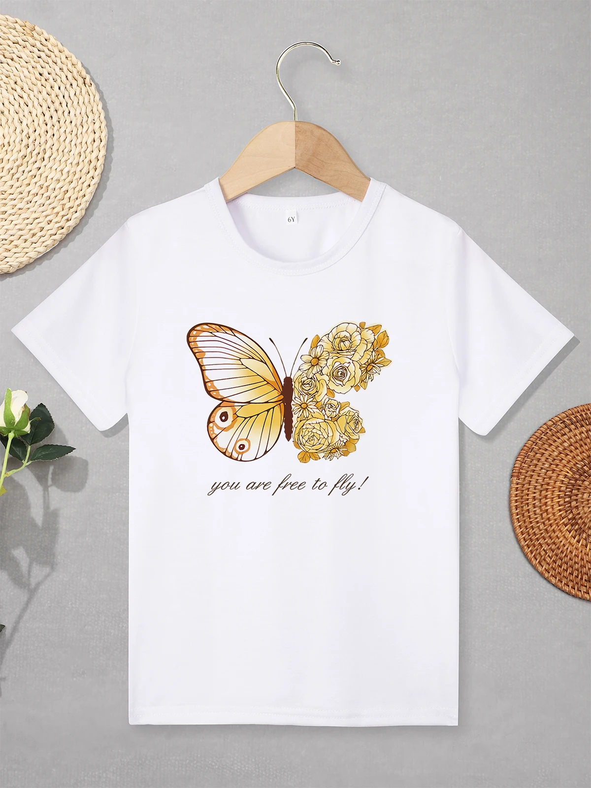 Butterflies Flowers Pattern Creative Aesthetic Girl Clothes Beautiful Fashion Kids T Shirt 3 to 7 Years White Crew Neck Comfy