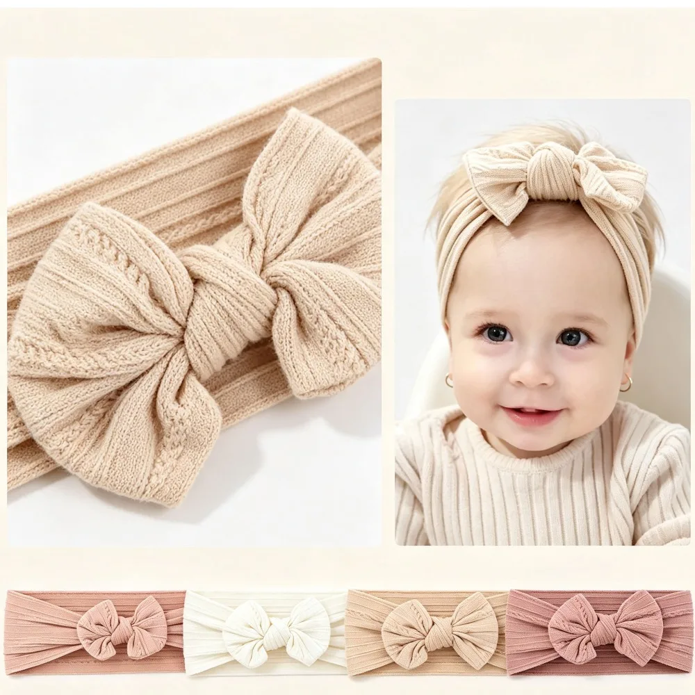 3Pcs Soft Nylon Bow Baby Headbands, Solid Color Elastic Turban Headwraps for Newborn Infant Girls Hair Accessories
