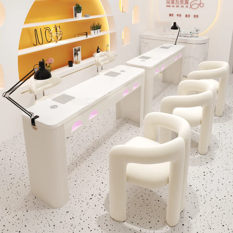 

Cream Style Nail Table and Chair Set with Vacuum Cleaner Socket Nail Table Marble Mesas Para Unas Commercial Furniture
