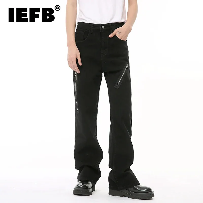 

IEFB Male Black Denim Pants New Niche Style Spliced Metal Diagonal Zipper Slimming Boot Cut Jeans Summer 2024 Stylish 9C6677