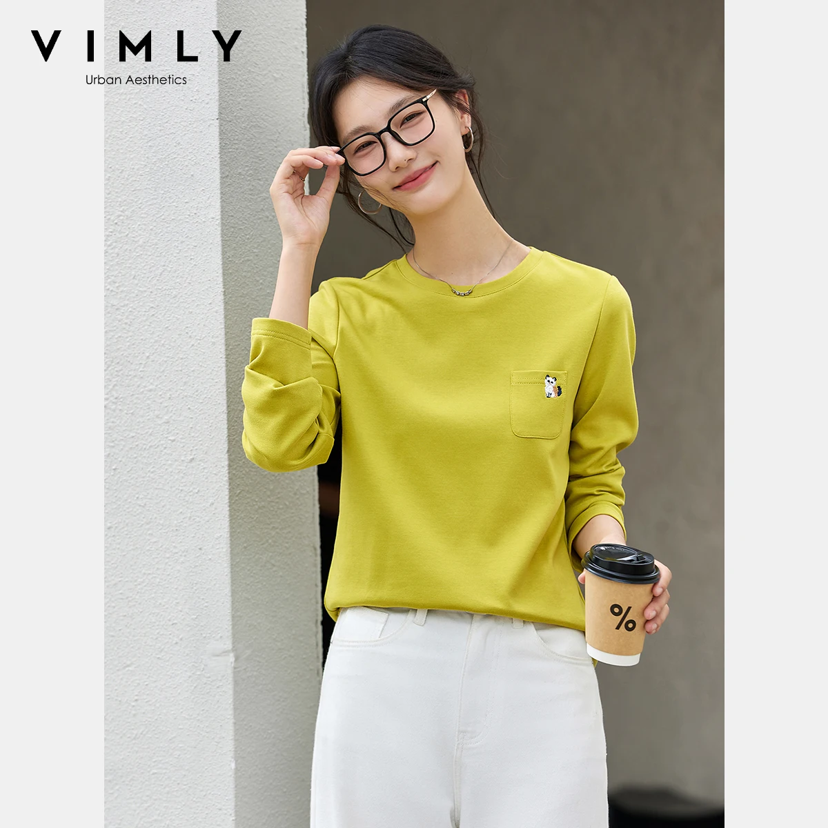 

VIMLY Women's Long Sleeve T-shirts Casual Cat Embroider Pocket Round Neck Ladies Tops Autumn 2025 New Knitted Female Tees A2518