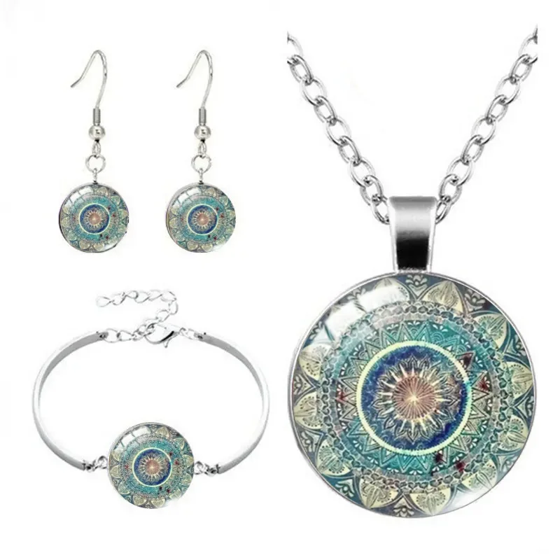 4pcs Vintage Decoration Creative Glass Pendant Women's Mandala Spend Time Gemstone Necklace&Bracelet&Earrings Jewelry Set