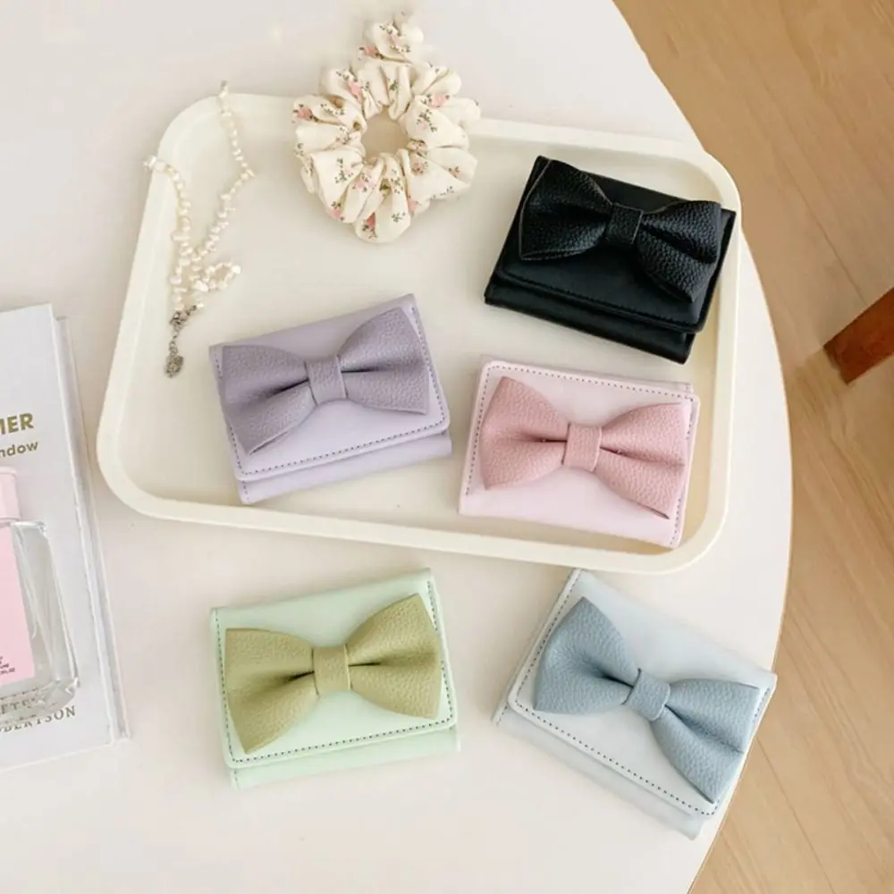 携帯用PUレザー可愛いリボンショートウォレット韓国風プリント折りたたみ財布銀行カードバッグコインパースカードホルダー旅行