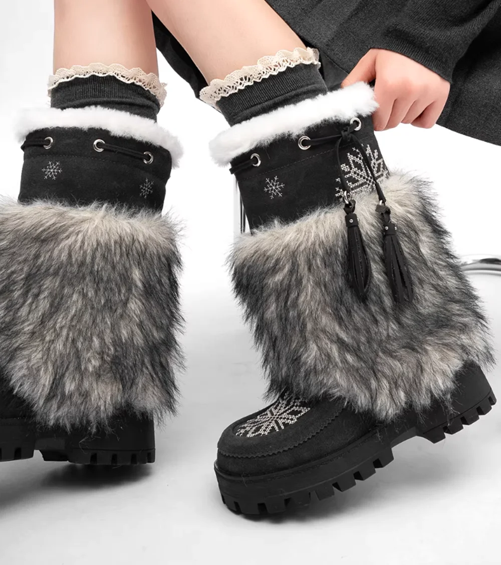 Black Grey Faux Fur Mid-Calf Boots Snowflake Stitching Details Tassel Accents Chunky Sole Fur Collar Warm Winter Festival Style