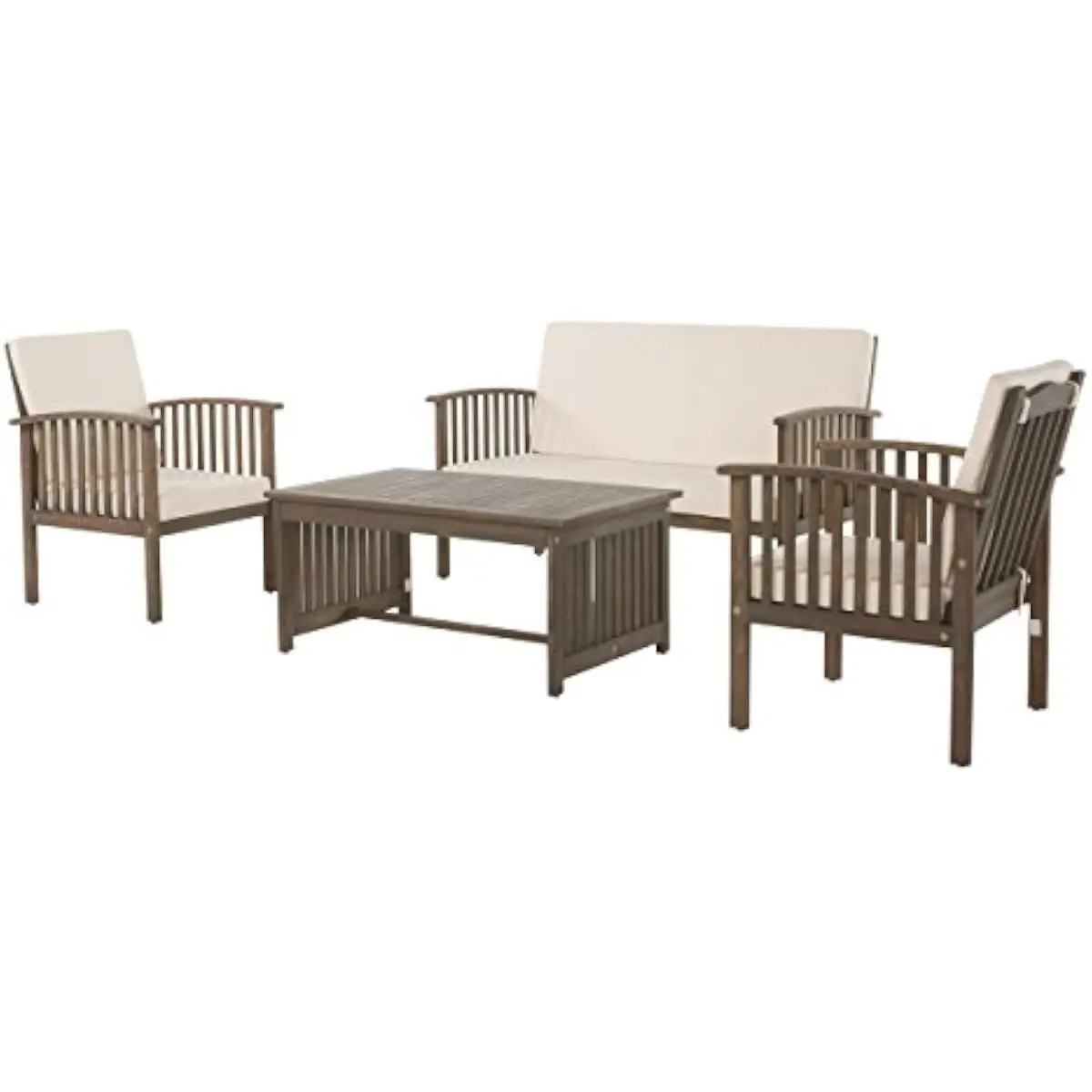 Carolina Acacia Outdoor Chat Set with Grey Frame and Cream Upholstery Featuring Two Club Chairs One Loveseat and One Coffee Tabl